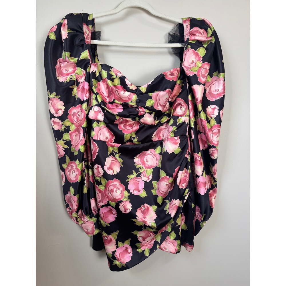 House of CB Black Pink Floral Satin Puff Sleeve Mini Dress Size L Rose Print - Picture 3 of 10